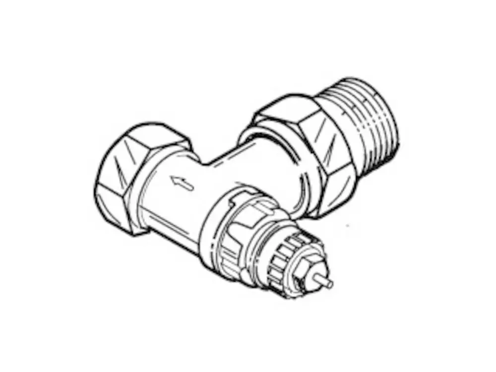Ventilgehäuse von Danfoss, T-förmiges Design mit Anschlussgewinde, für die Verbindung von Rohrleitungen in Heizungs- oder Sanitärsystemen.