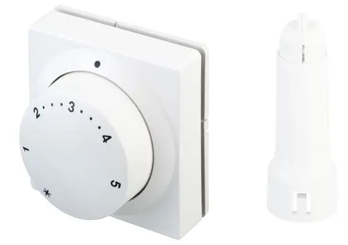 Weißes Fühlerelement von Danfoss mit Drehregler zur Temperatureinstellung und separates Ferneinstellelement.