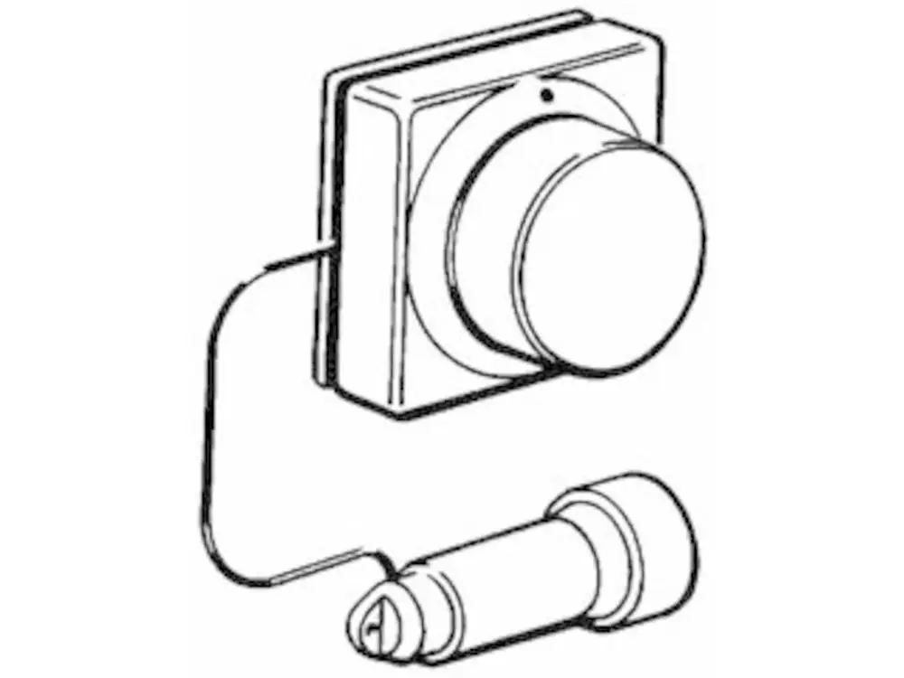 Fühlerelement von Danfoss, bestehend aus einem Wandmodul mit Drehknopf und einem Anschlussstück. Das Produkt ist in einem einfachen, funktionalen Design gehalten.
