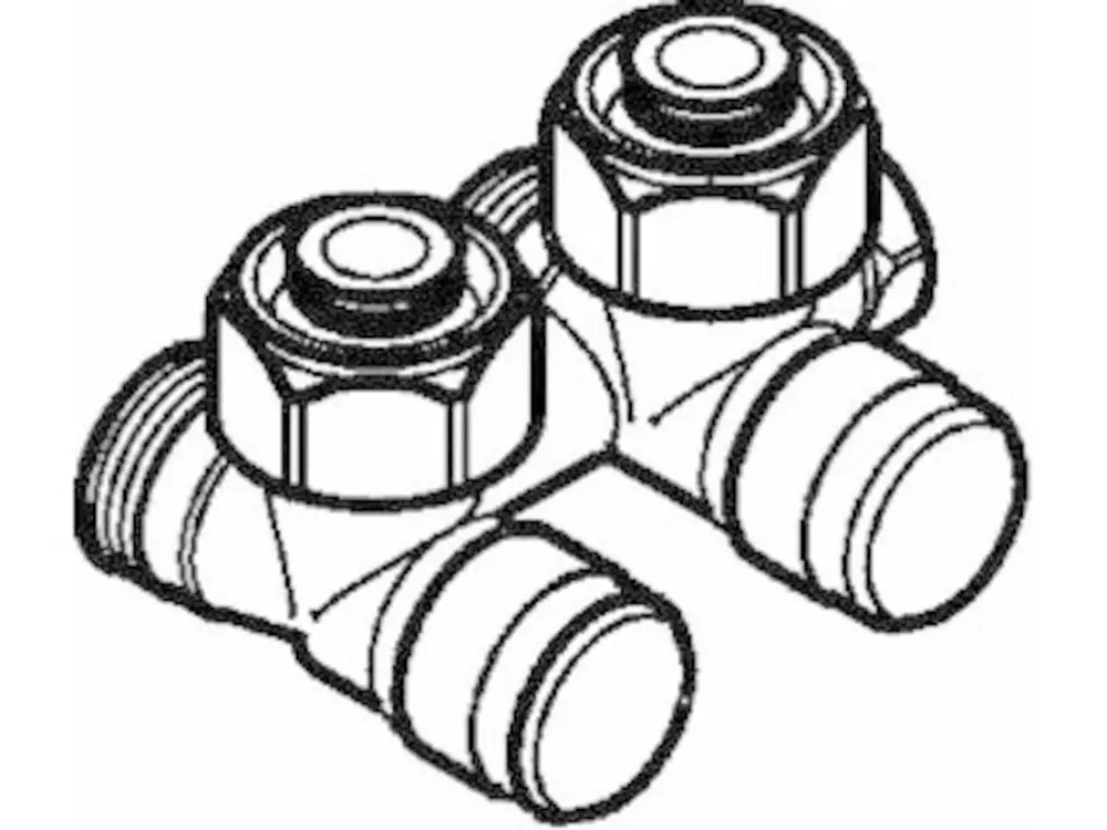 Zwei Edelstahl-Verschraubungen von Danfoss, miteinander verbunden, mit G3/4-Anschlüssen. Die Konstruktion ist für Heizkörperventile ausgelegt.