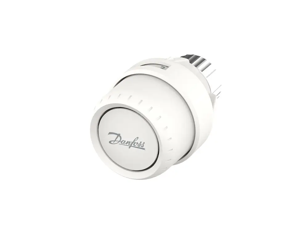 Weißer Danfoss-Thermostatkopf mit skaliertem Einstellring für die Temperaturregelung in Heizsystemen.