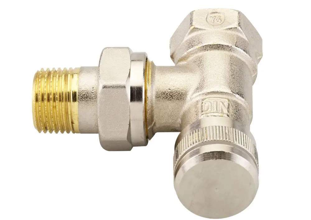 Verchromte Rücklaufverschraubung von Danfoss, mit einer Eckform und zwei verbindenden Gewinden. Das Produkt ist für Anschlussanwendungen konzipiert.