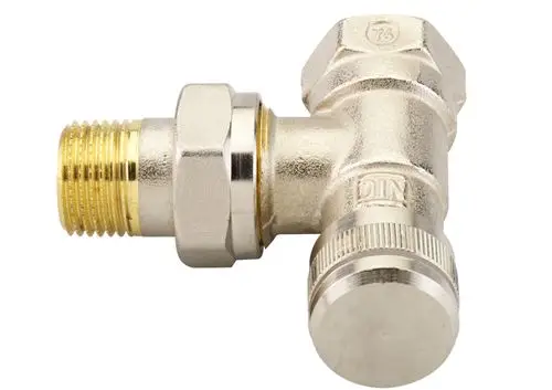 Verchromte Rücklaufverschraubung von Danfoss, mit einer Eckform und zwei verbindenden Gewinden. Das Produkt ist für Anschlussanwendungen konzipiert.