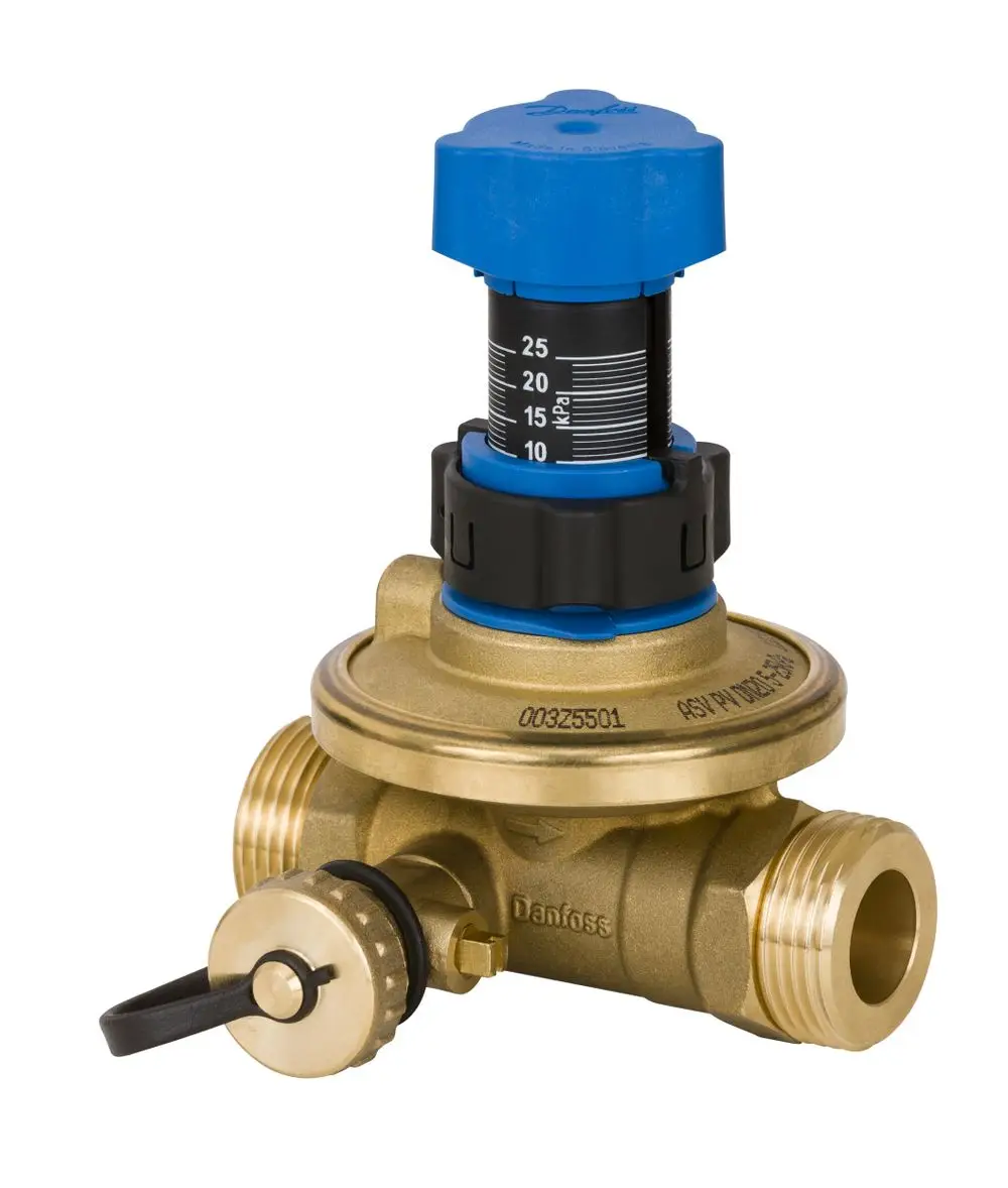 Danfoss-Regelventil zur Druckstabilisierung, mit einstellbarem Druckbereich und separatem Anschluss. Gehäuse aus Messing mit deutlicher Skala.