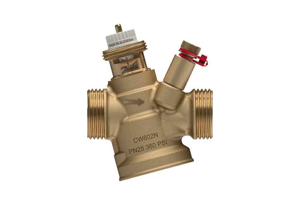Regelventil von Danfoss in Messing mit Anschluss für Rohrleitungen. Enthält Druckausgleichselement und einstellbare Messnippel.