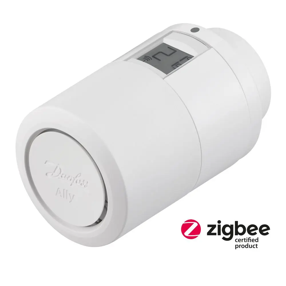 Danfoss Thermostat in Weiß mit digitalem Display zur Temperaturregelung, ausgestattet mit ZigBee-Technologie für die Heizungssteuerung.