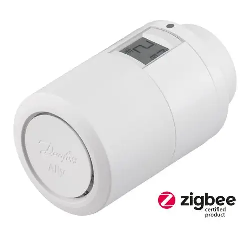 Danfoss Thermostat in Weiß mit digitalem Display zur Temperaturregelung, ausgestattet mit ZigBee-Technologie für die Heizungssteuerung.