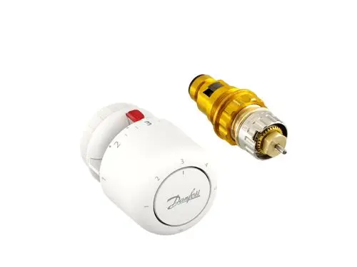 Thermostatkopf von Danfoss mit Skala von 1 bis 3 und einem Ventileinsatz in Gold- und Silberfarbtönen, kombiniert in einem klaren Layout.