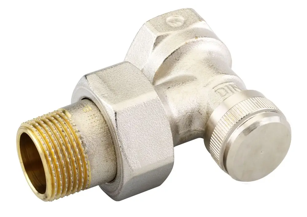 Rücklaufverschraubung von Danfoss, vernickelt, mit einer Eckform, zeigt ein Außengewinde und einen Einstellknopf zur Regulierung des Durchflusses.