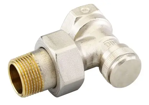 Rücklaufverschraubung von Danfoss, vernickelt, mit einer Eckform, zeigt ein Außengewinde und einen Einstellknopf zur Regulierung des Durchflusses.