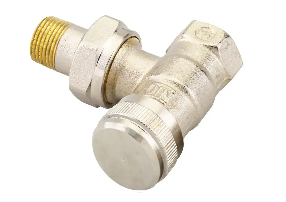 Vernickelte Eckverschraubung von Danfoss, mit Gewindeanschluss, zur Anwendung in Heizungs- oder Kühlsystemen.