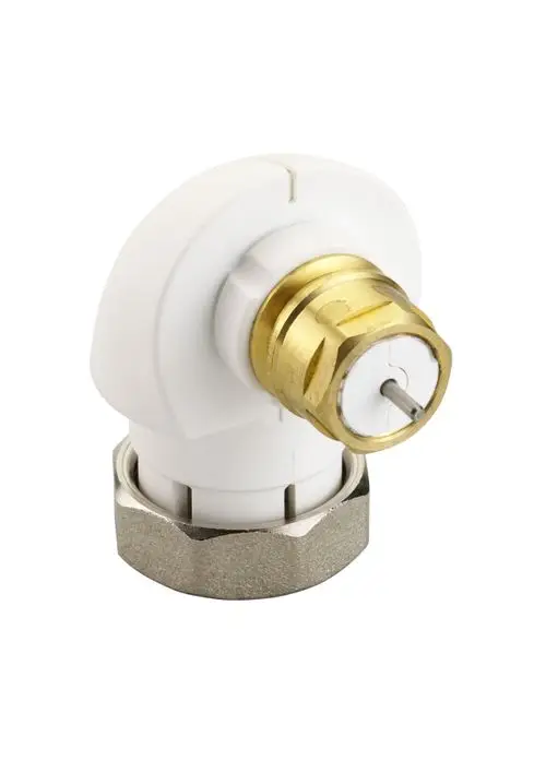 Winkeladapter in Weiß mit goldfarbenem Anschluss, versehen mit Gewinde für Fühlerelemente, hergestellt von Danfoss, zur Verbindung von Heizungs- oder Klimaanlagen.