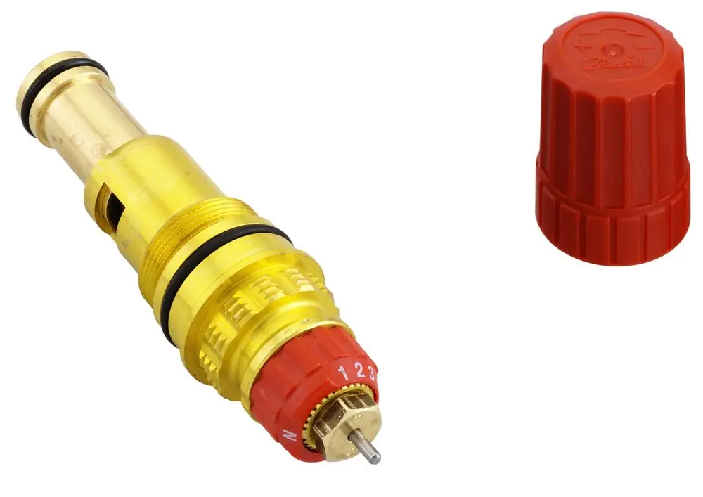 Service-Einbauventil von Danfoss mit goldenem Körper und roter Einstellkappe, geeignet für Heizkörperventile, abgebildet mit Kappe getrennt.