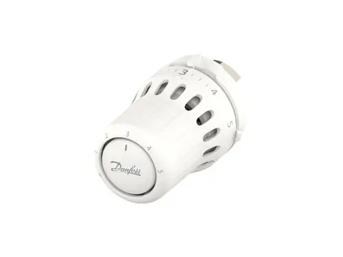 Weißer Thermostatkopf mit skaliertem Regelbereich von 1 bis 5 und Markierung, hergestellt von Danfoss. Geeignet für Heizsysteme mit M30x1,5 Anschluss.