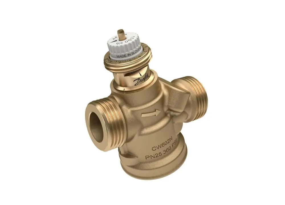 Regelventil von Danfoss, bronze mit Messnippel, zwei Anschlussgewinden, integrierter Druckregler, für die Regelung von Durchfluss in Heizungsanlagen.