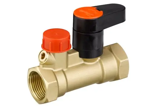 Ventil aus Messing mit schwarz-orangefarbenem Hebel und rotem Deckel. Produkt von Danfoss zur Absperr- und Entwässerung. Anschlussgewinde sichtbar.