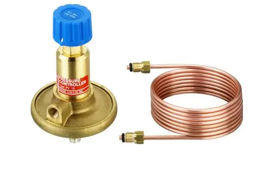 Danfoss PV-Regler mit blauer Einstellkappe und Kupferrohr, geeignet zur Druckregelung in unterschiedlichen Anwendungen.