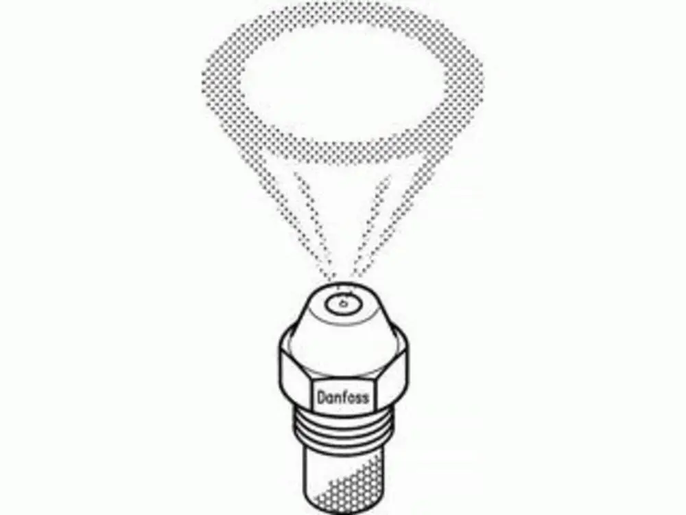 Hohlkegeldüse von Danfoss mit einem Sprühbild, das eine feine Nebelverteilung zeigt, montiert auf einem Verbindungselement.