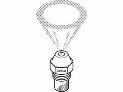 Hohlkegeldüse von Danfoss mit einem Sprühbild, das eine feine Nebelverteilung zeigt, montiert auf einem Verbindungselement.