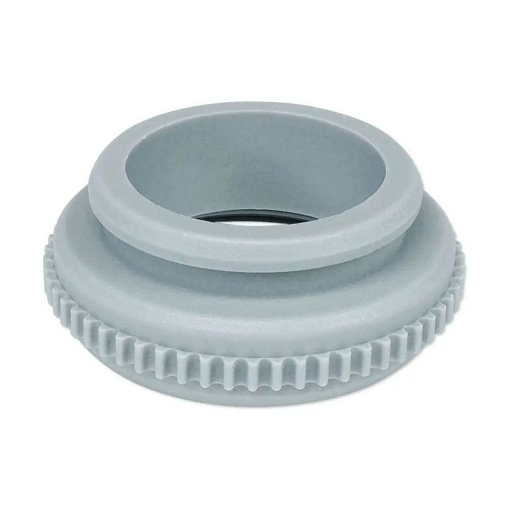 Grauer Adapter mit Zahnradprofil für Ventilanpassung, passend für Danfoss-Systeme, zeigt eine strukturierte Außenfläche und einen inneren Durchmesser für einfache Montage.