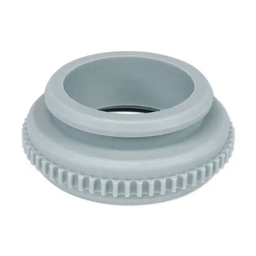 Grauer Adapter mit Zahnradprofil für Ventilanpassung, passend für Danfoss-Systeme, zeigt eine strukturierte Außenfläche und einen inneren Durchmesser für einfache Montage.