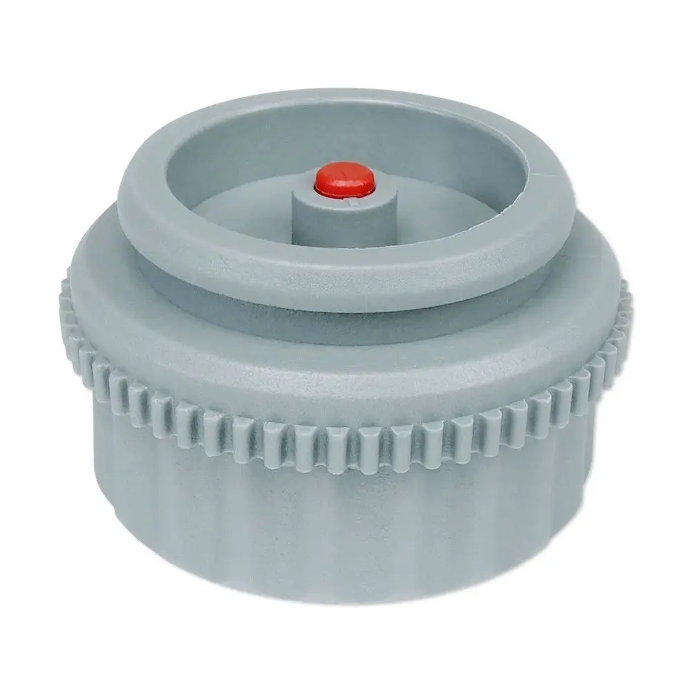 Grauer Adapter mit gewelltem Rand und rotem Knopf in der Mitte, geeignet für die Ventilanpassung von Danfoss-Systemen.