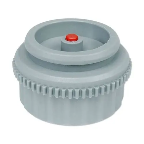 Grauer Adapter mit gewelltem Rand und rotem Knopf in der Mitte, geeignet für die Ventilanpassung von Danfoss-Systemen.