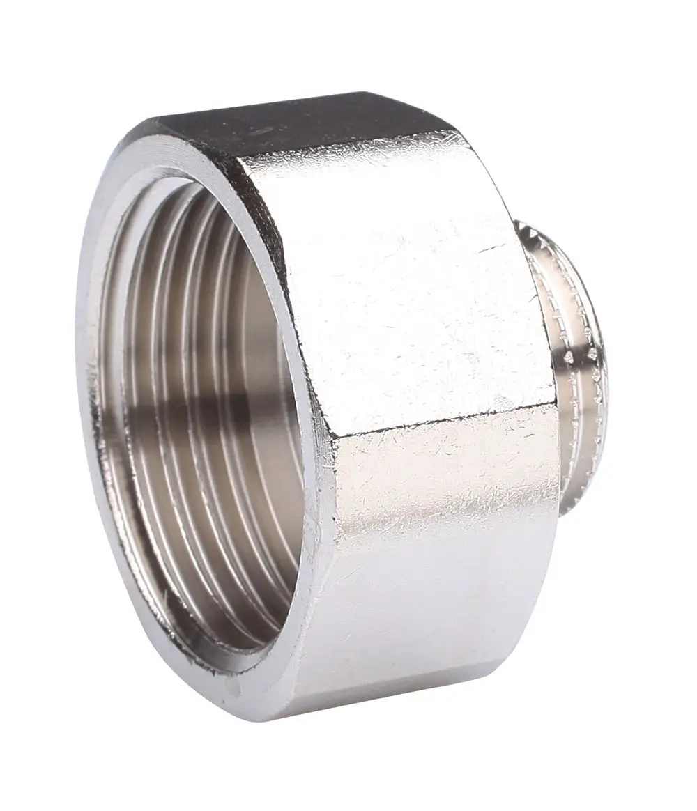 Metallischer Reduziernippel mit Innengewinde. Geeignet für Anschluss an Danfoss Produkte. Sichtbare Gewinde und hexagonale Form zur einfachen Montage.