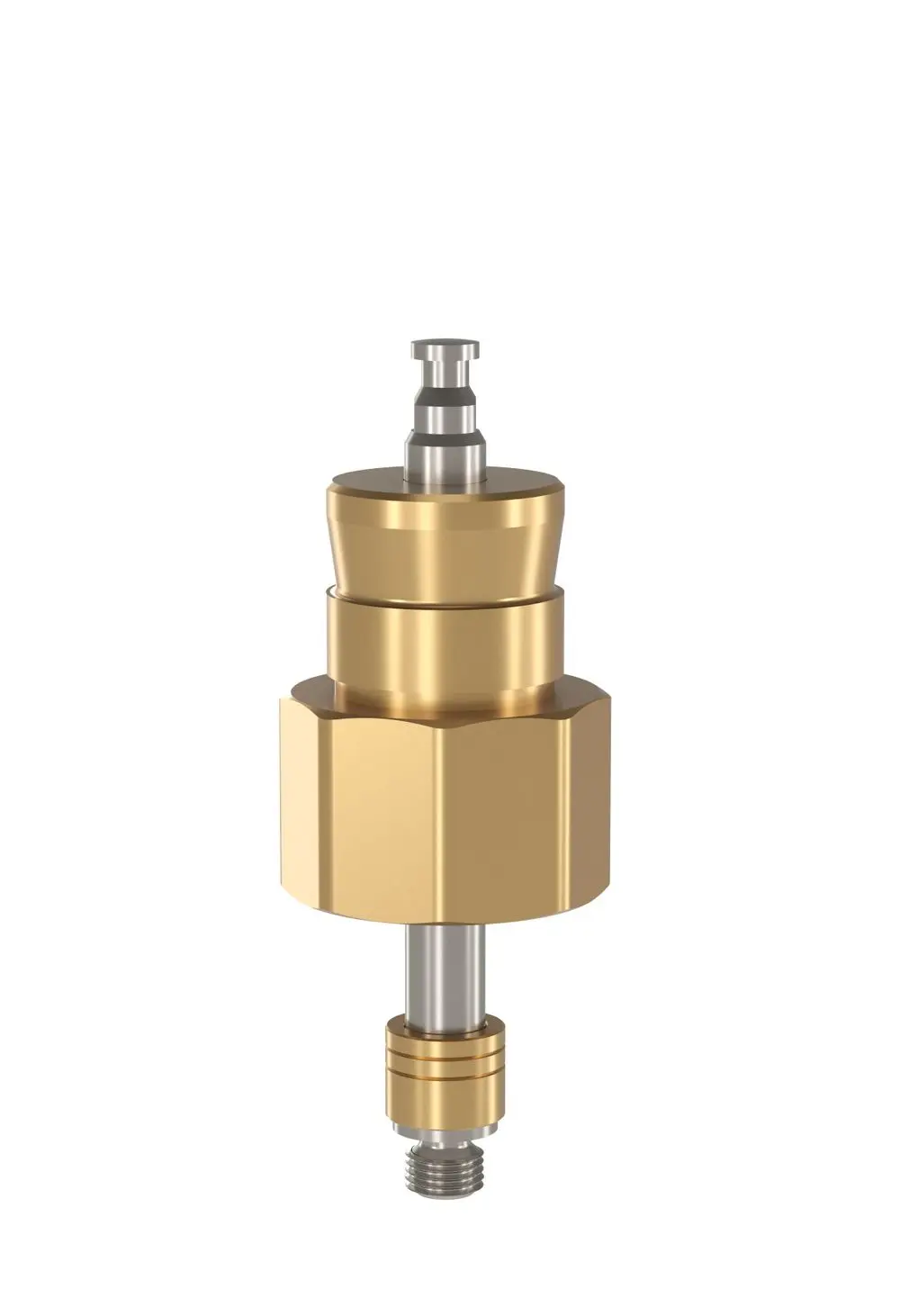 Adapter in Gold und Silber, gefertigt von Danfoss. Das Produkt hat eine zylindrische Form mit mehreren Rippungen und wird zur Verbindung in hydraulischen Systemen verwendet.