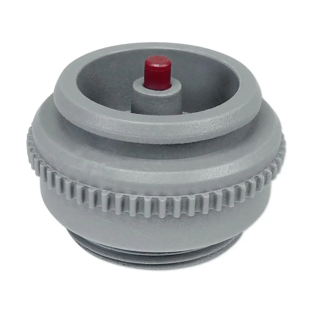 Adapter für Ventilanpassung in grau mit rotem Stift in der Mitte, geeignet für Danfoss Systeme. Gewinde an der Unterseite zur Verbindung mit anderen Komponenten.