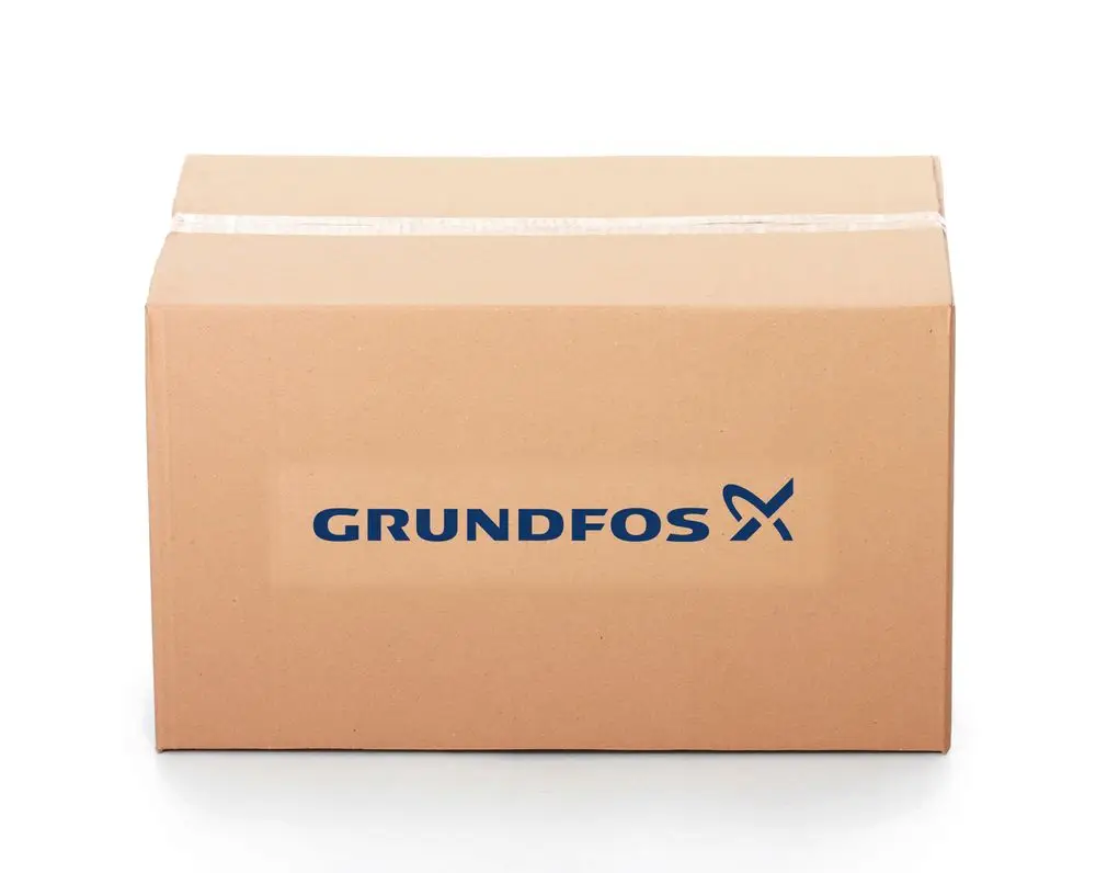 Kartonverpackung mit dem Logo von Grundfos. Der Karton ist ungeöffnet und enthält wahrscheinlich Heizungszubehör.