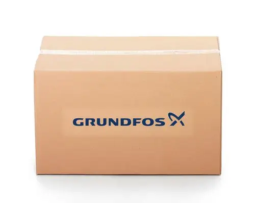 Kartonverpackung mit dem Logo von Grundfos. Der Karton ist ungeöffnet und enthält wahrscheinlich Heizungszubehör.