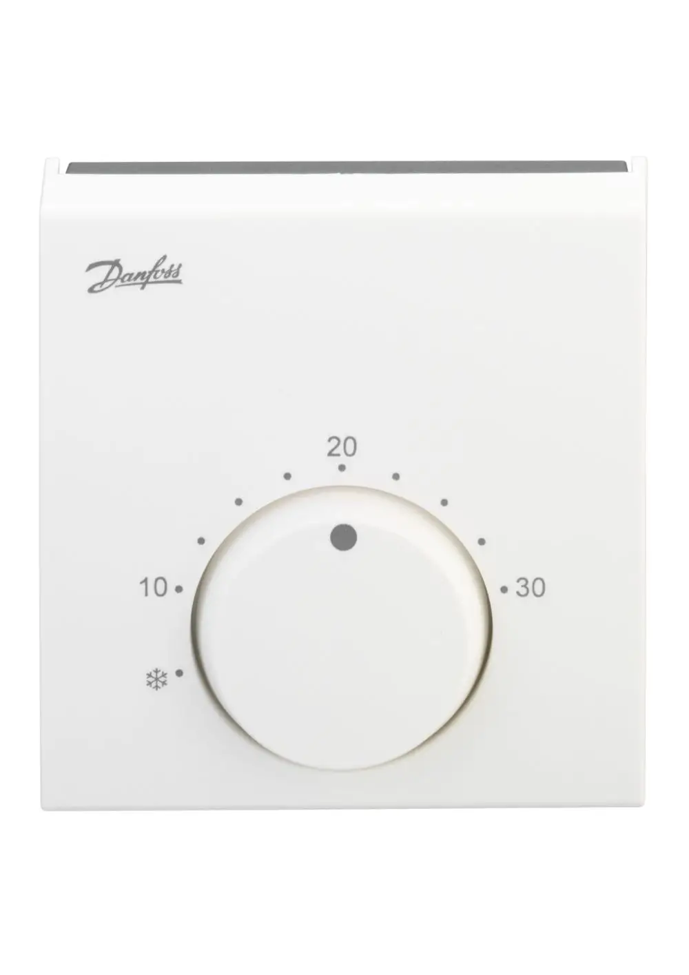 Weißer Danfoss Raumthermostat mit einem runden Regler in der Mitte, skaliert von 10 bis 30, sowie einem Schnee-Symbol unten links zur Anzeige der Kühlfunktion.