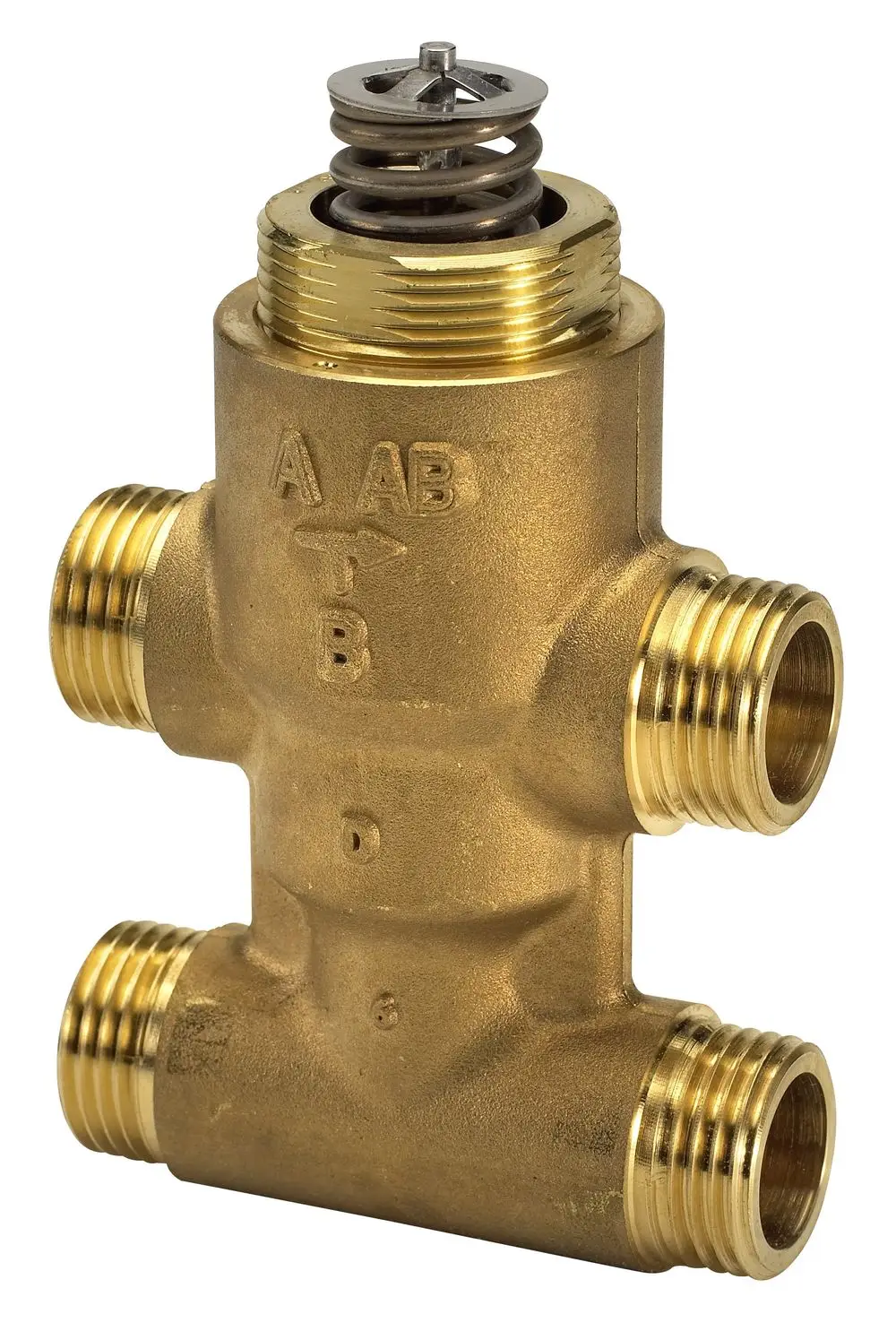 Vier-Wege-Ventil aus Messing mit mehreren Anschlussgewinden, hergestellt von Danfoss. Das Ventil besitzt eine zentral angebrachte Feder und Regulierungselemente.