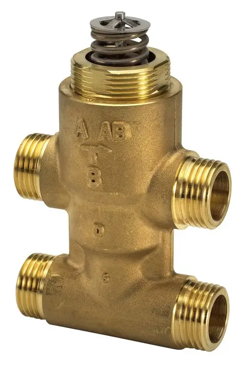 Vier-Wege-Ventil aus Messing mit mehreren Anschlussgewinden, hergestellt von Danfoss. Das Ventil besitzt eine zentral angebrachte Feder und Regulierungselemente.
