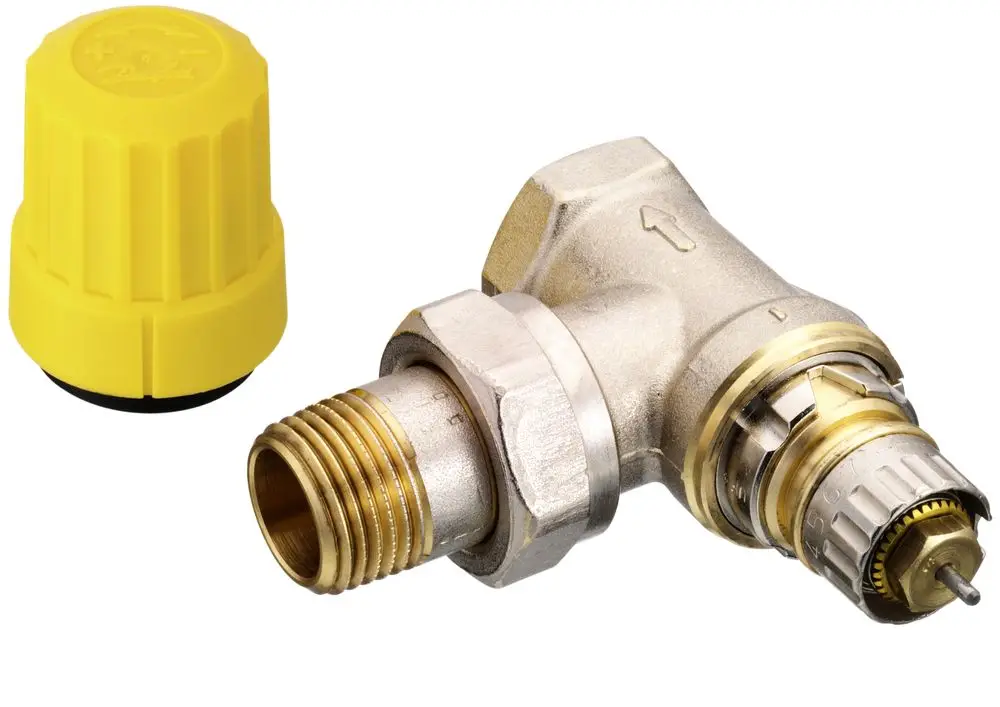 Eckventil mit gelber Abdeckung von Danfoss, vernickelt. Das Produkt zeigt ein Gewinde und eine Anschlussmöglichkeit. Anordnung und Funktion sind klar sichtbar.