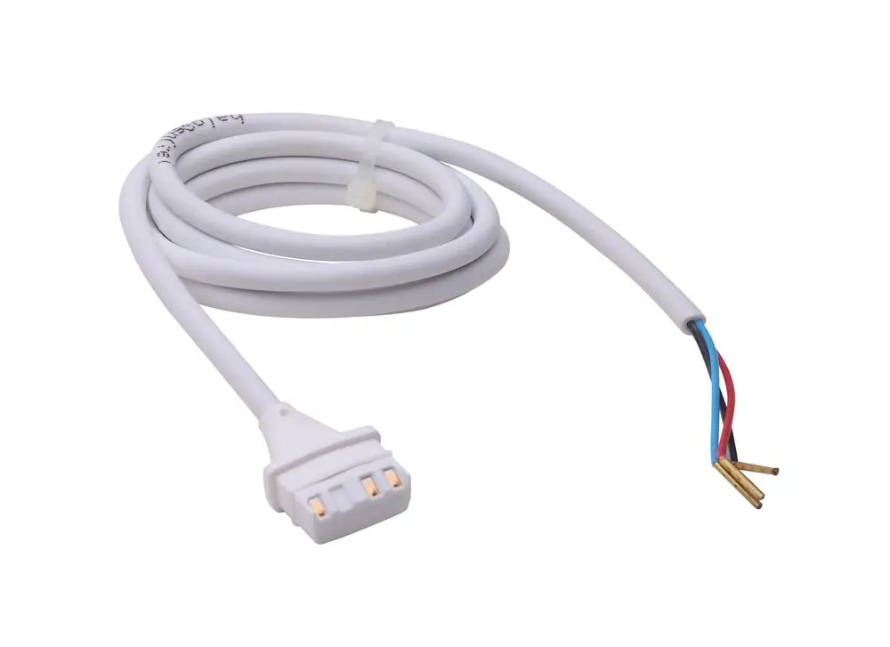 Weißes Anschlusskabel mit einem Stecker und freiliegenden Drähten in rot, blau und braun, geeignet für 0-10-V-Regelung, hergestellt von Danfoss.