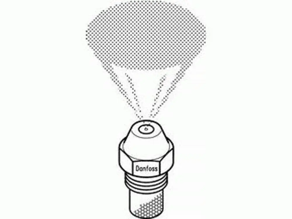 Öldüse von Danfoss mit Vollkegelausführung, zeigt Sprühmuster. Das Produkt hat einen Anschluss, der eine einfache Integration in Systeme ermöglicht.