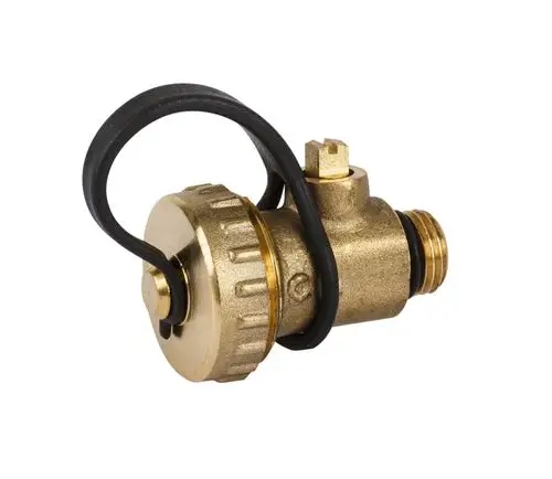 Entleerungshahn aus Messing mit Gummidichtung und Halteband, geeignet für Danfoss ASV-P(V), USV, MSV-C, MSV-F Systeme.