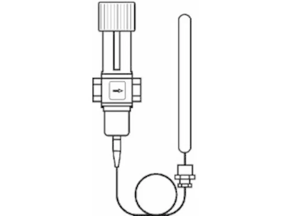 Temperaturregler von Danfoss mit Anschluss für ein Rohrsystem. Enthält einen Schlauch und eine Einstellschraube zur Regelung der Temperatur.