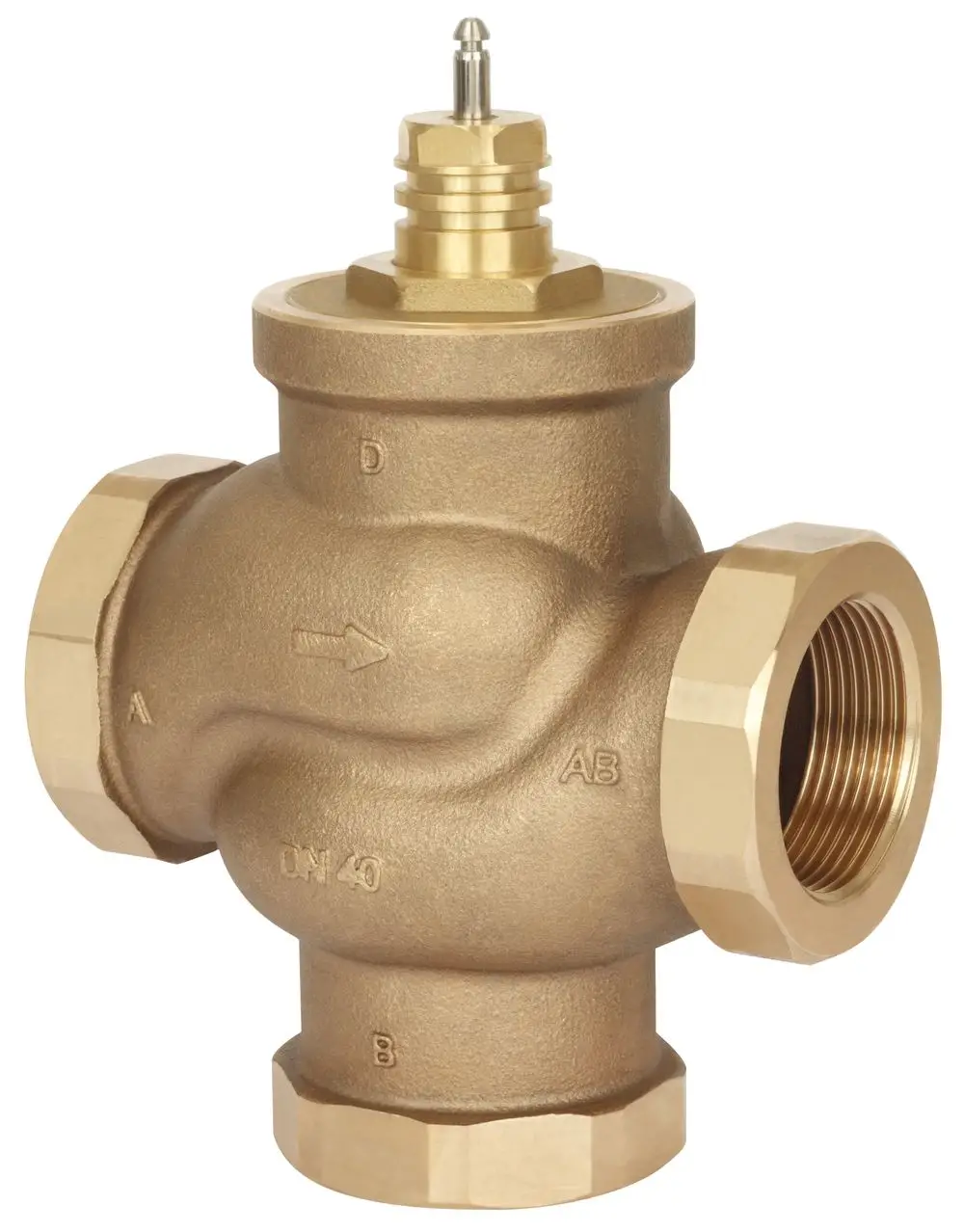 3-Wege-Ventil aus Messing mit Innengewinde von Danfoss. Das Ventil weist eine charakteristische Form mit drei Anschlüssen auf und wird für verschiedene Anwendungen in der Haustechnik eingesetzt.