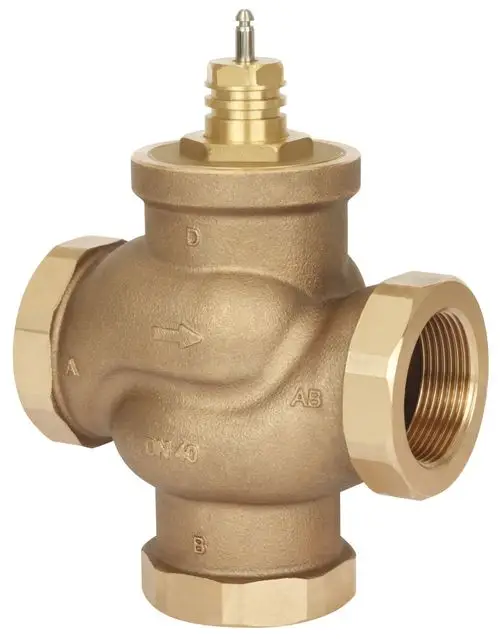 3-Wege-Ventil aus Messing mit Innengewinde von Danfoss. Das Ventil weist eine charakteristische Form mit drei Anschlüssen auf und wird für verschiedene Anwendungen in der Haustechnik eingesetzt.