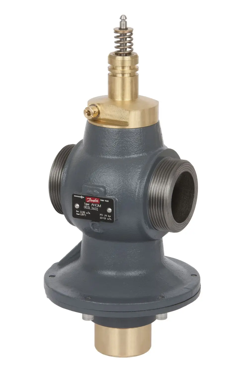 Danfoss Volumenstromregler in grauer Farbe mit zwei Anschlussgewinden. Oben befindet sich eine Feder und eine Schraube zur Einstellung des Durchflusses.