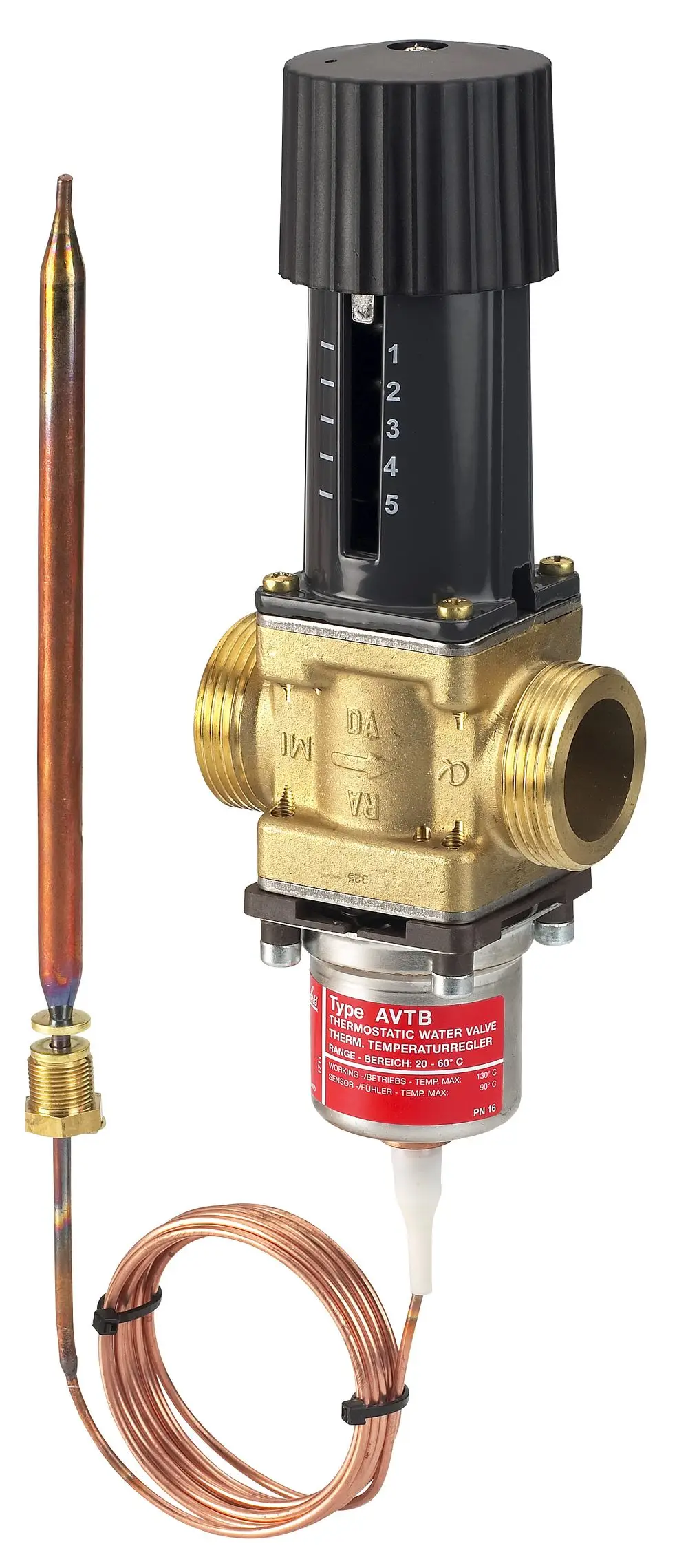 Thermostatischer Wasserregler von Danfoss mit Temperaturfühler und Kupferrohr, ausgestattet mit einer Einstellskala zur Temperaturregelung.