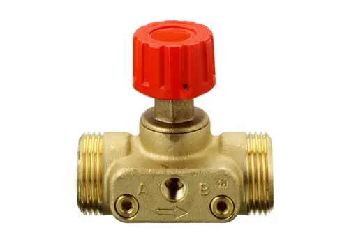 Messventil mit rotem Griff, aus Messing, zwei Anschlüssen mit Außengewinde, von Danfoss, zur Regelung und Absperrung von Flüssigkeiten.