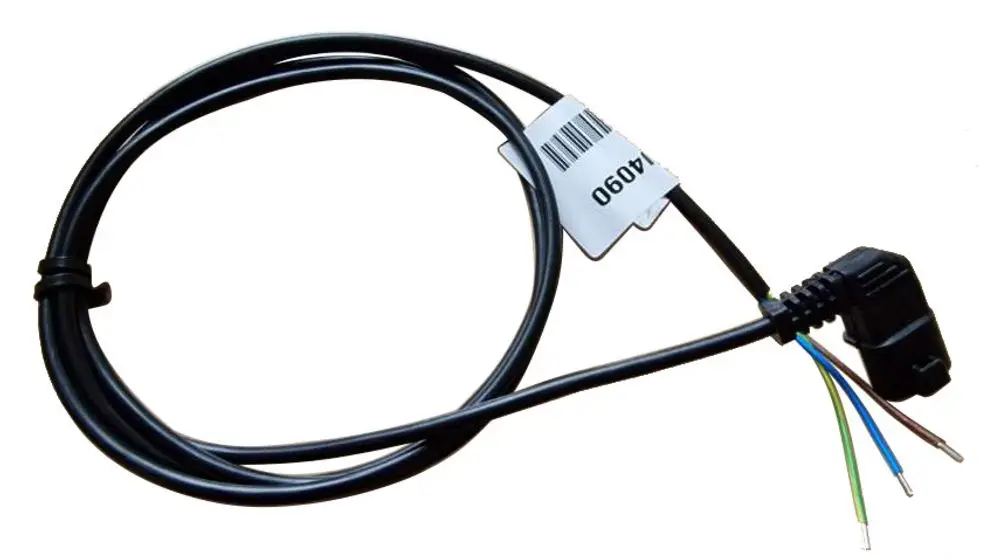 Netzkabel von Danfoss mit einem geschützten Stecker und drei farbigen Leitungen für die Stromversorgung. Kabel ist in einer schlanken, flexiblen Form gehalten.