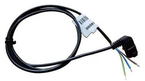 Netzkabel von Danfoss mit einem geschützten Stecker und drei farbigen Leitungen für die Stromversorgung. Kabel ist in einer schlanken, flexiblen Form gehalten.