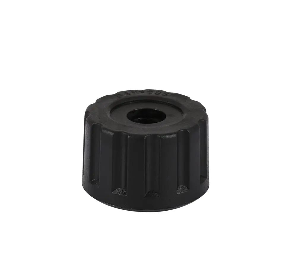 Schwarzes Kunststoff-Handrad mit gerillter Oberfläche. Es ist rund und hat ein zentrales Loch. Produkt von Danfoss, geeignet für verschiedene Modelle.