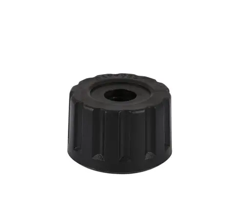 Schwarzes Kunststoff-Handrad mit gerillter Oberfläche. Es ist rund und hat ein zentrales Loch. Produkt von Danfoss, geeignet für verschiedene Modelle.