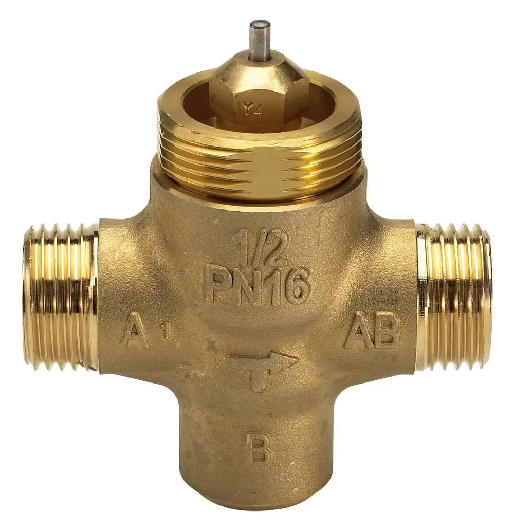 Durchgangsventil aus Messing von Danfoss mit drei Anschlüssen, gewinde- und flanschseitig, zur Regelung von Durchfluss und Druck in Rohrleitungssystemen.
